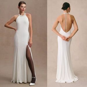 Mac Duggal 25572 White Beaded Halter Jersey Evening Bridal Reception Gown Size 6